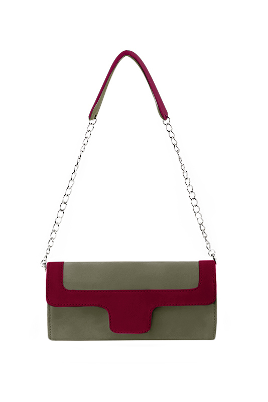 Khaki green and burgundy red women's dress clutch, for weddings, ceremonies, cocktails and parties. Top view - Florence KOOIJMAN